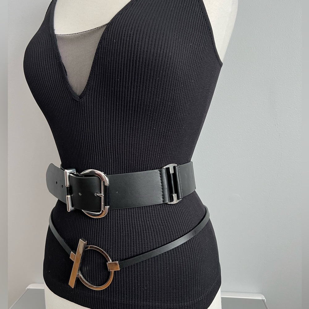 Limited Thin Leather Belt Black Silver Loop Contemporary Modern Womens M 32-34 - Picture 12 of 17